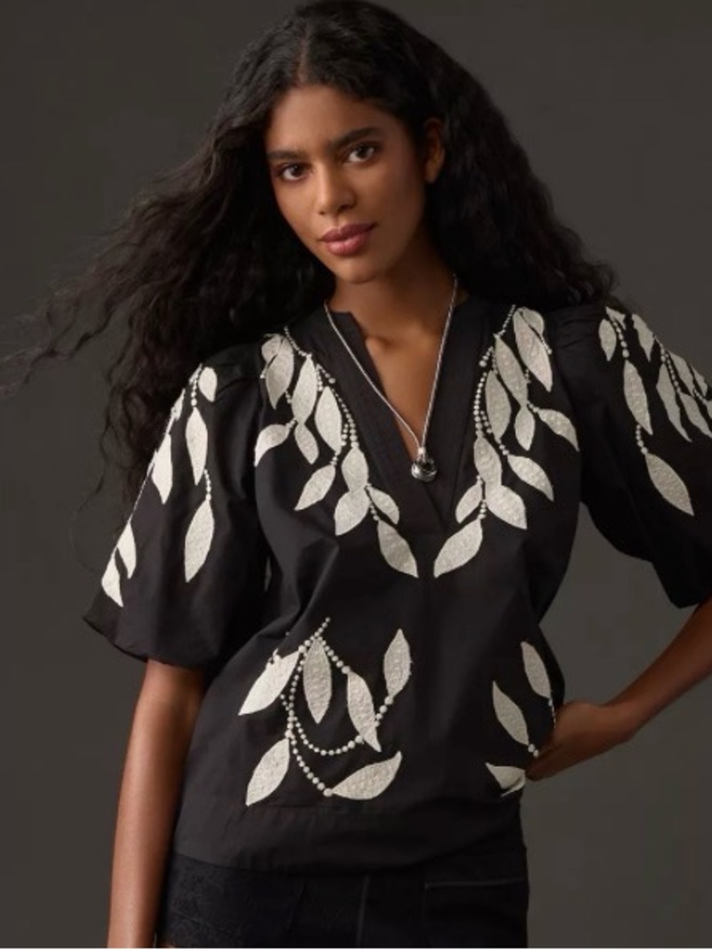Anthropologie Black Short-Sleeve V-Neck Top with Ivory Leaf Embroidery